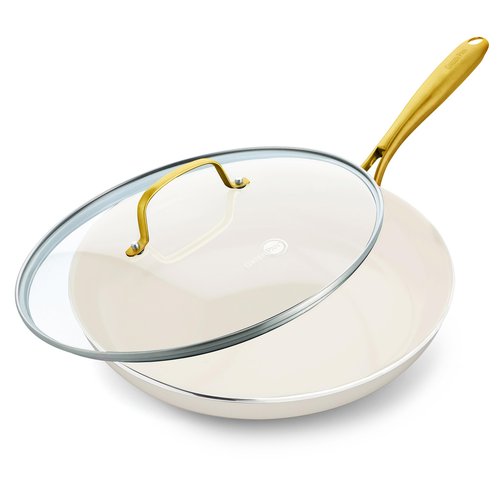 GreenPan Swift 12" Ceramic Nonstick Frying Pan Skillet with Lid, PFAS & PFOA-Free Healthy Cooking, Gold Stainless Steel Handle, Versatile Cooking Essentials, Dishwasher & Oven Safe, Cream