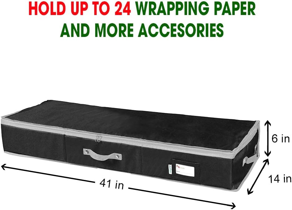 Primode Wrapping Paper Storage Container - Under Bed Gift Wrap Organizer | 41"x14"x6" | Holds 18-24 Rolls Up to 40" | Durable 600D Oxford Material | Includes Pockets for Ribbons and Bows (Black)