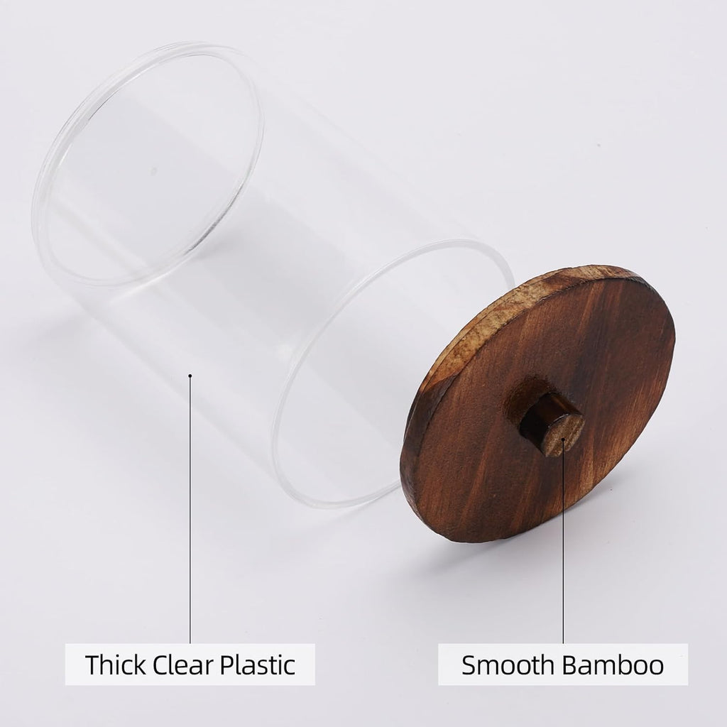 Tbestmax Qtip Holder Bathroom Set - 4 Pack Clear Plastic Organizers with Wood Lids | 10 oz Apothecary Jars for Cotton Balls, Swabs, Floss