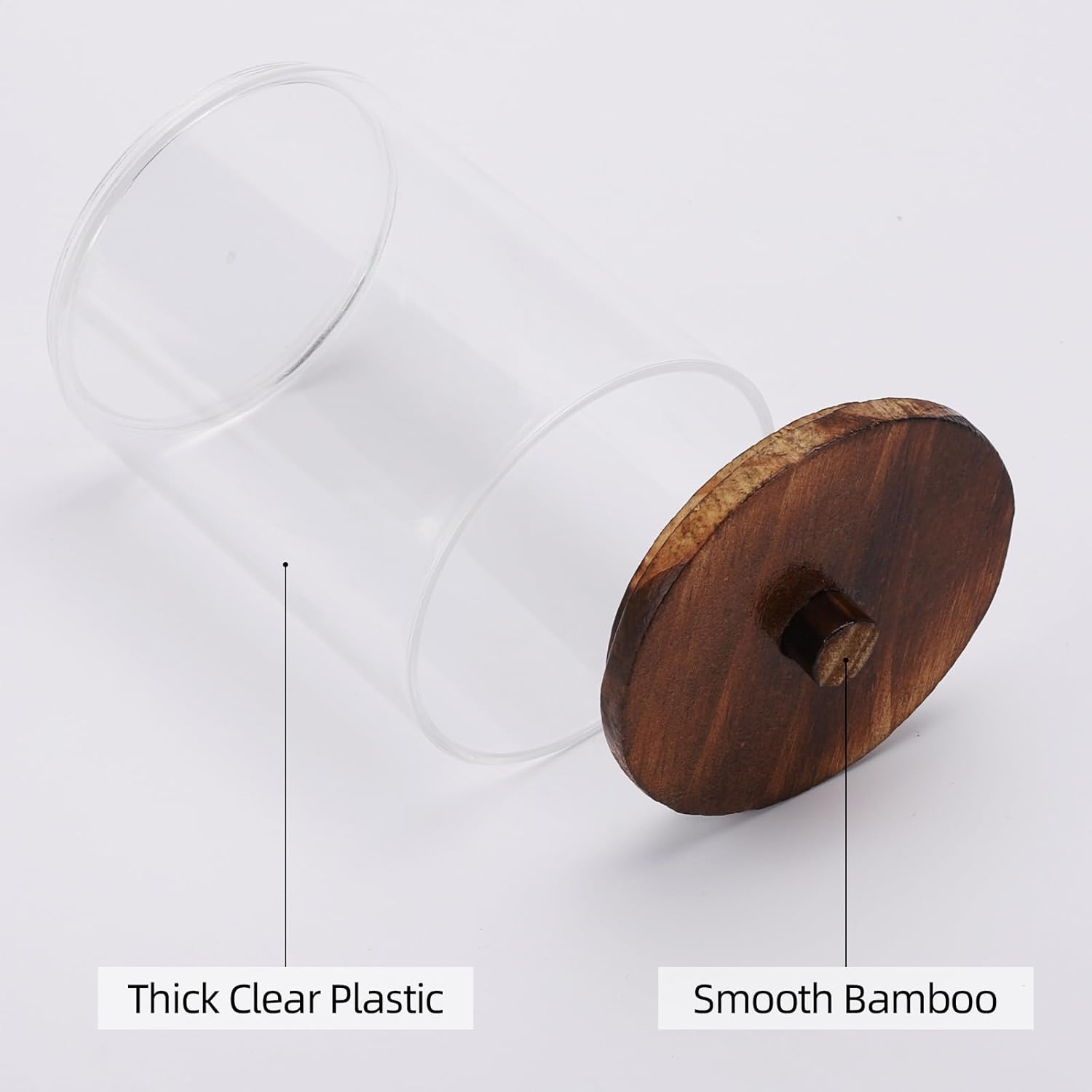 Tbestmax Qtip Holder Bathroom Set - 4 Pack Clear Plastic Organizers with Wood Lids | 10 oz Apothecary Jars for Cotton Balls, Swabs, Floss