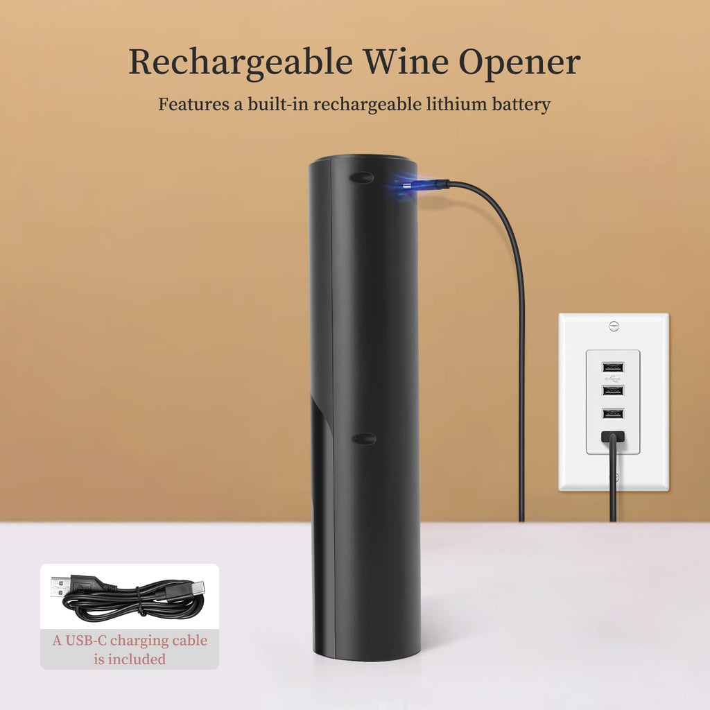 ELMWAY Electric Wine Opener Set by ELMWAY - Rechargeable Wine Bottle Opener & Corkscrew with Foil Cutter / 4 x Vacuum Stoppers/Premium Wine Aerator Pourer, Ideal Wine Gifts for Wine Lovers - Black