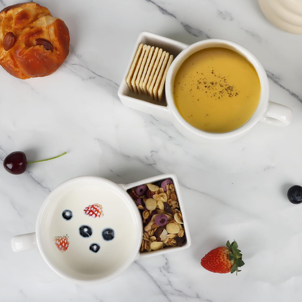 KAYCROWN 2 Pack Ceramic Soup and Cracker Mug or Cereal Bowl, Anti-Soggy Cereal Bowl, Microwave Safe, Soup and Side/Cracker Bowls Sets for Breakfast, Chip, Veggies, Dip Bowls for Parties