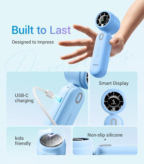 Diveblues High-Speed Portable Handheld Turbo Fan - USB Rechargeable, Compact Design for Travel & Home (Blue)