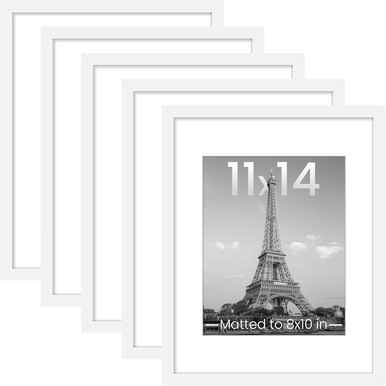 Upsimples 11x14 Picture Frame Set of 5 - Display 8x10 Photos with Mat or 11x14 Without Mat | White Wall Gallery Frames