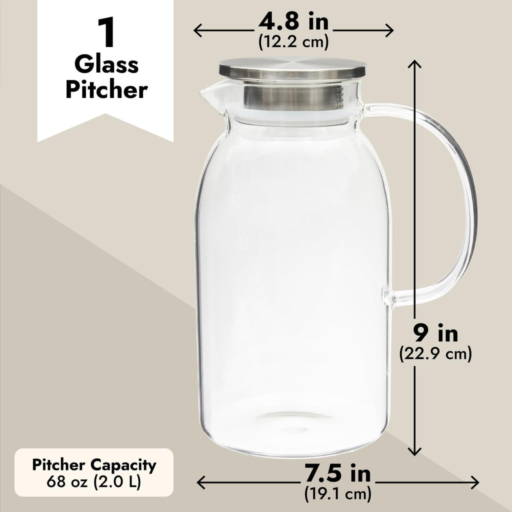 Okuna Outpost Glass Pitcher with Lid for Guests - 2.0-Liter (68 oz), Clear - Heat-Resistant Beverage Dispenser with Spout - Water & Iced Tea Pitcher - Kitchen & Refrigerator Organization