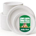 JOLLY CHEF Compostable Heavy Duty Plates 𝟳 𝗶𝗻𝗰𝗵 𝗮𝗻𝗱 𝟵 𝗶𝗻𝗰𝗵 [𝟭𝟮𝟬 𝗣𝗮𝗰𝗸] Eco-Friendly Disposable Paper Plates Bagasse Biodegradable Sugarcane for Party Hot Coold Food Christmas(White)