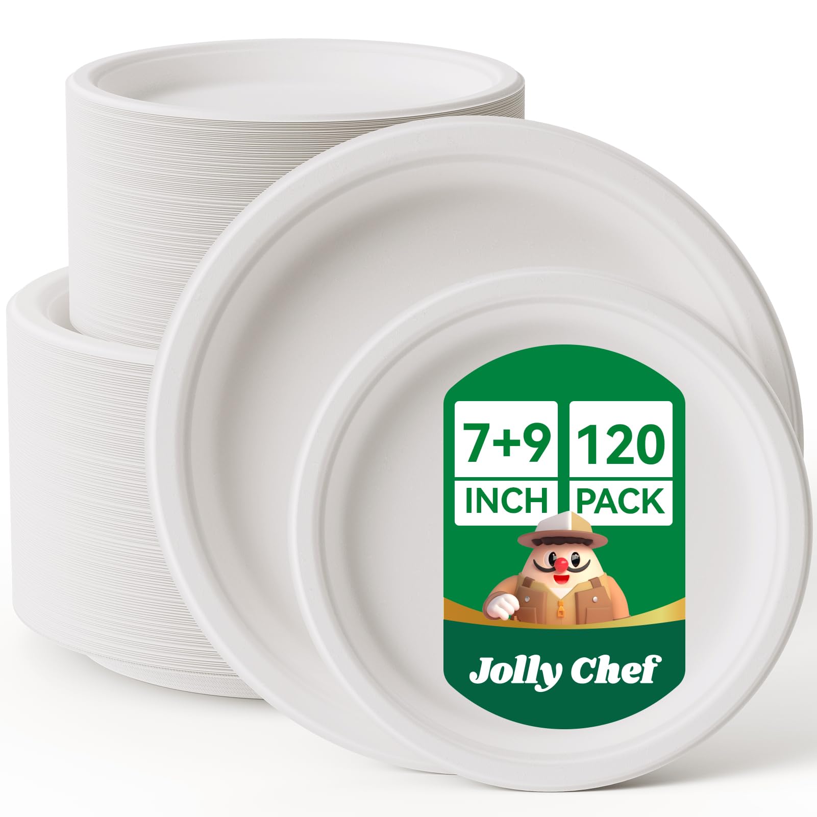 JOLLY CHEF Compostable Heavy Duty Plates 𝟳 𝗶𝗻𝗰𝗵 𝗮𝗻𝗱 𝟵 𝗶𝗻𝗰𝗵 [𝟭𝟮𝟬 𝗣𝗮𝗰𝗸] Eco-Friendly Disposable Paper Plates Bagasse Biodegradable Sugarcane for Party Hot Coold Food Christmas(White)