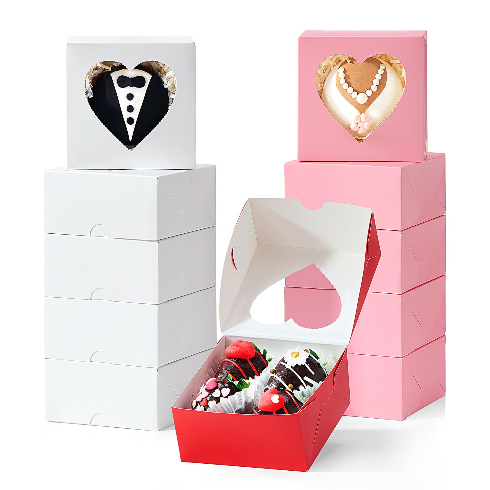 SLShePack 24Pack 4x4x2Inches Bakery Treat boxes with Heart Shaped Window Cookies Boxes Mini Baking Boxes for Cake Pie Cinnamon Roll Treat Chocolate Truffle Valentine's Day Favor