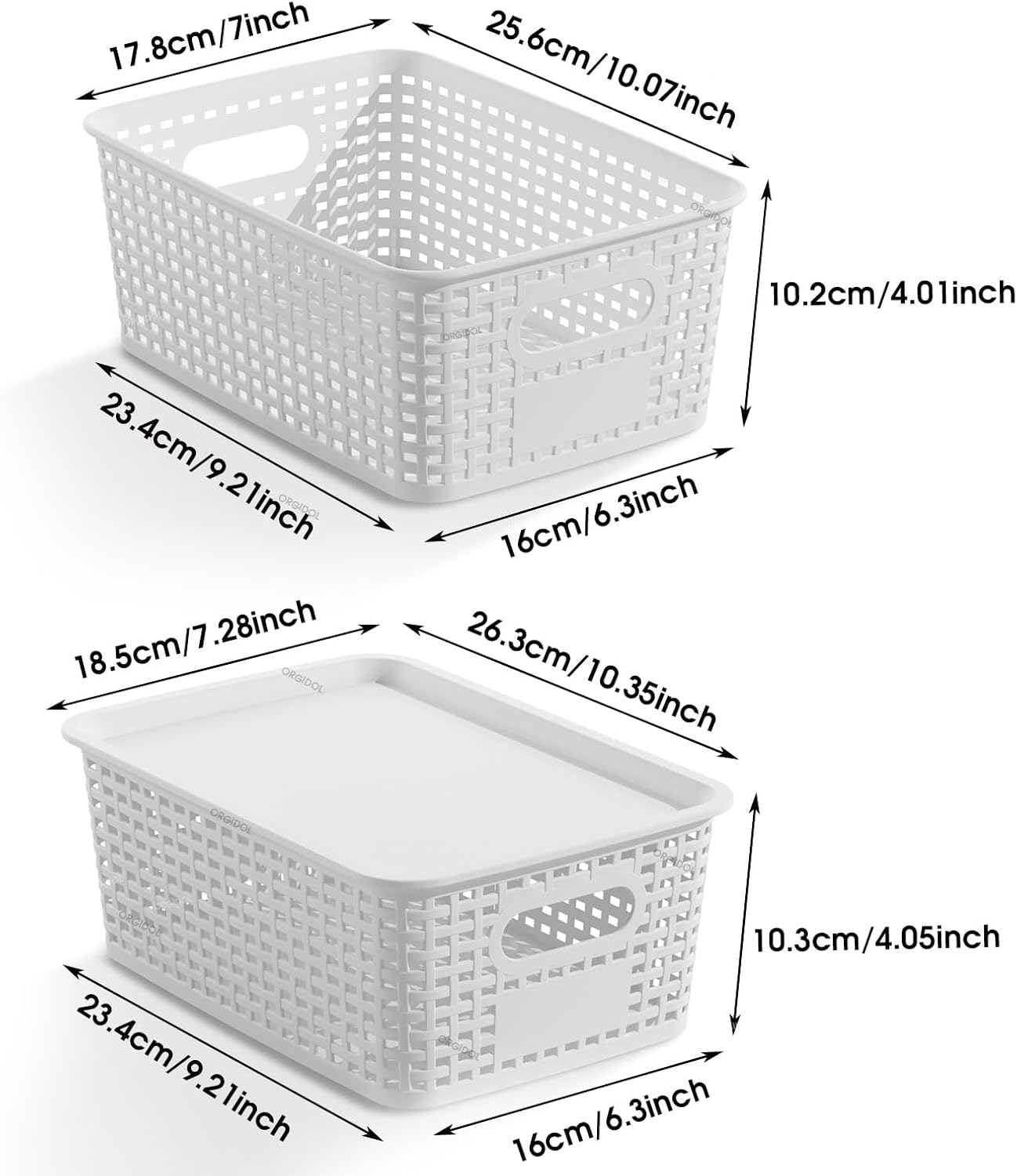ORGIDOL Stackable Plastic Storage Baskets - 10 Pack with Lids for Organizing Home & Office | White