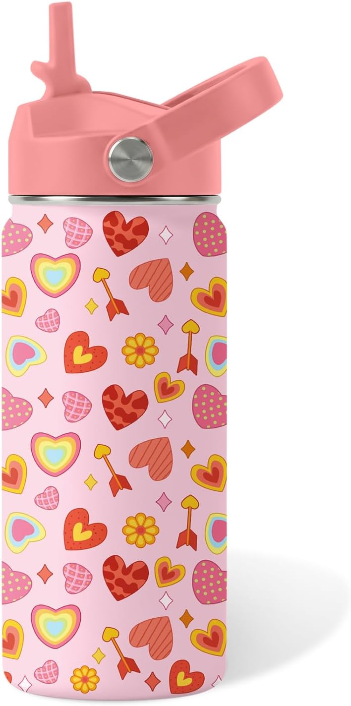 Skiennix Heart Pattern Kids Water Bottle - 16 Oz Stainless Steel Insulated Tumbler, Leak Proof, BPA-Free, Perfect for School & Travel
