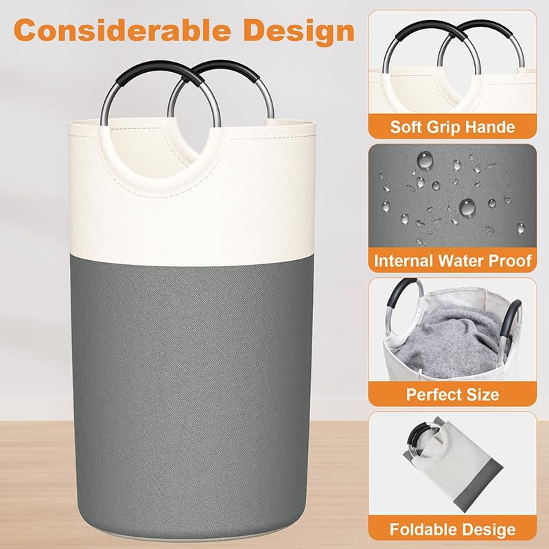 Skiennix 90L Laundry Hamper - Large Collapsible Baskets with Soft Aluminum Handles | Grey, 2 Pack