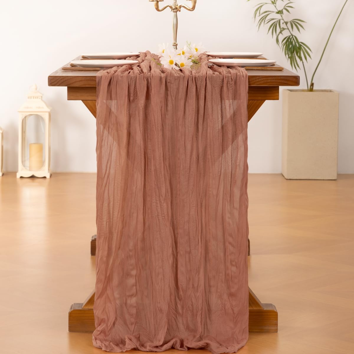 Socomi Cheesecloth Table Runner - Dusty Rose Boho Style | 120 Inch Sheer Decor for Weddings & Events