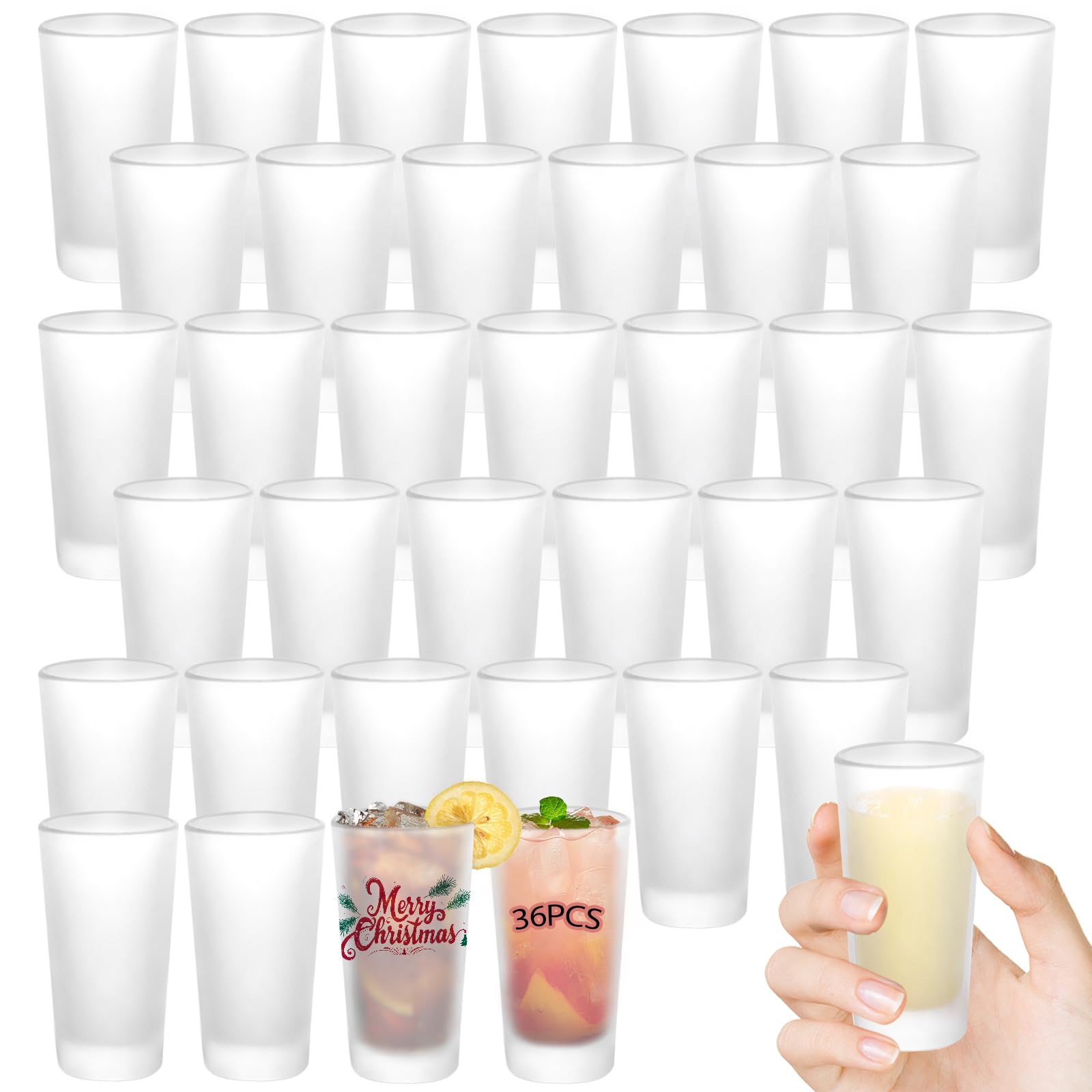 YOUKE OLA 36 Pack Sublimation Shot Glasses Cups with Heavy Base Frosted Sublimation Blanks Cute Shot Glass Tumbler Bulk for Heat Press, Personalized Gift, 3oz