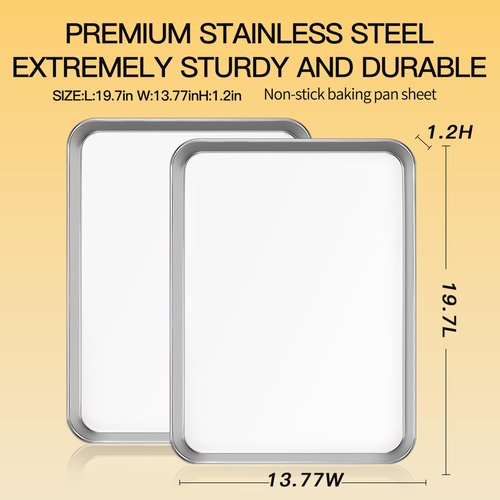 Commercial Quality Baking Sheet Pan Set, Natural Stainless Steel Cookie Sheet, Warp Resistant Nonstick Baker's Half Sheet Pan, Large Thick Cookie Tray Pans for Baking, Roasting(2 Pack, 20X14Inch)