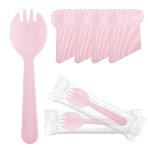 EUSOAR Disposable Sporks, 100pcs 4.5"x1.3" Plastic Sporks, Heavy Duty Heavyweight Disposable Utensils Silverware Set Individually Wrapped Fork Spoon for Party Bulk Wedding Birthday Gathering-Pink