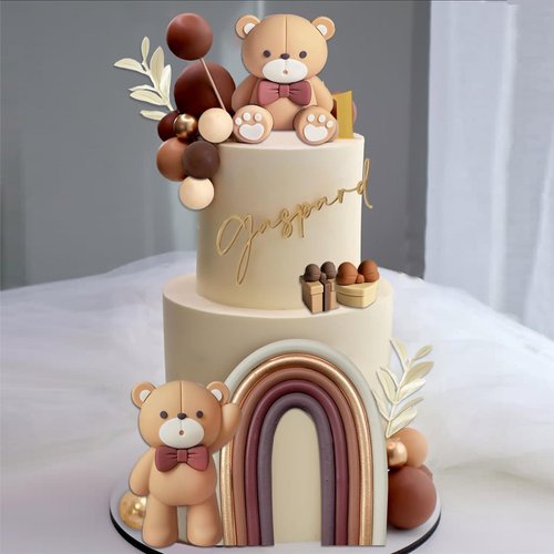 SONICEBUY 33Pcs Bear Cake Topper Boho Rainbow Cake Decorations with Beige Brown Bears Pearl Balls Rainbow Cake Pick for Boy Girl Baby Shower Gender Reveal Wedding Birthday Party Supplies