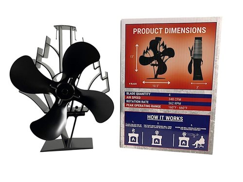 Heat Powered Stove Fan – 14" 4-Blade Non-Electric Thermal Fan for Wood, Pellet, & Log Burners | 348 CFM Airflow, Silent Operation | Freedom Stoves Compatible