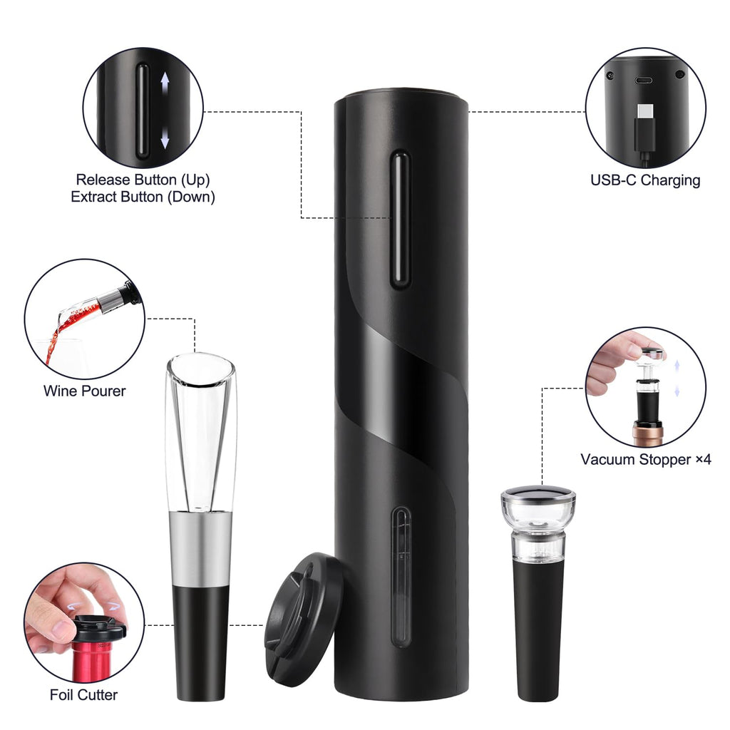 ELMWAY Electric Wine Opener Set by ELMWAY - Rechargeable Wine Bottle Opener & Corkscrew with Foil Cutter / 4 x Vacuum Stoppers/Premium Wine Aerator Pourer, Ideal Wine Gifts for Wine Lovers - Black