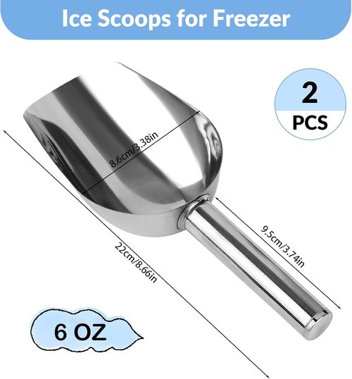 2 Pcs Ice Scoop for Freezer, 6 Oz Metal Ice Scooper, Stainless Steel Small Scoops with Round Bottom for Ice Machine Kitchen Flour Bar Party Wedding Pet Dog Food