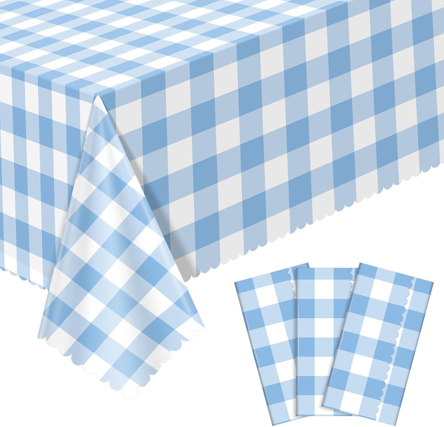 Skiennix Blue Gingham Tablecloths - 3 Pack | 54 x 108 Inch Scalloped Design for Parties & Events