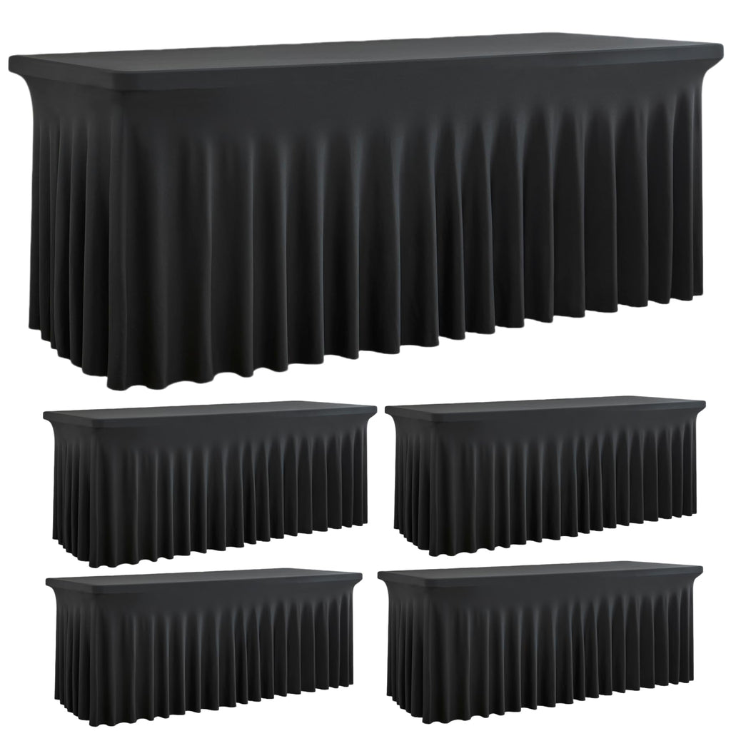 Outpain Black Spandex Table Clothes for 5 Foot Rectangle Tables-4Pack 5FT Spandex Fitted Table Cover, Wrinkle Free Tablecloths with Skirt for Parties, Wedding, Birthday, Banquet, Festival