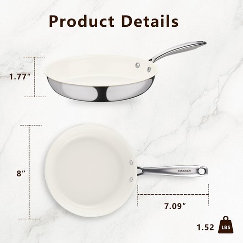 SAKAMOSH 8" Tri-Ply Stainless Steel Frying Pan, Nonstick Ceramic Pan, Skillet with Stay-Cool Handle, Non Toxic, PFAS PFOA PTFE Free, Dishwasher & Oven Safe, Induction, Compatible with All Cooktops