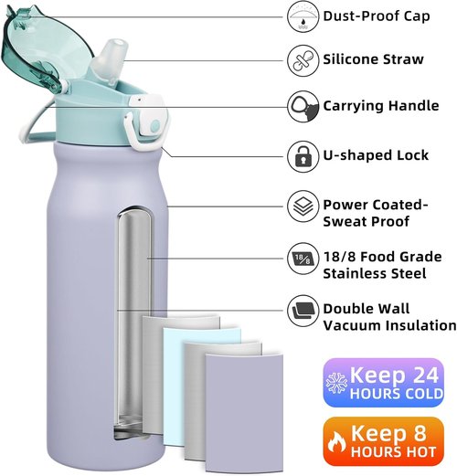BJPKPK Stainless Steel Water Bottle - Insulated 25oz Thermal Flask with Straw Lid | Modern Blue