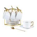 CHILDIKE 6oz Porcelain Cappuccino Cups Set of 6 with Saucers and Metal Stand, Stackable Tea Cups Set for Coffee, Latte, Espresso, Cafe Mocha, Matte White
