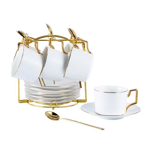 CHILDIKE 6oz Porcelain Cappuccino Cups Set of 6 with Saucers and Metal Stand, Stackable Tea Cups Set for Coffee, Latte, Espresso, Cafe Mocha, Matte White