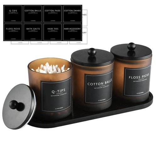 3 Pack Qtip Holder Bathroom Set,Cotton Ball Swab Pad Holder Cotton Round Floss Pick Dispenser with Tray,Glass Apothecary Jars with Lids,Bathroom Organizers and Storage Canisters-Amber