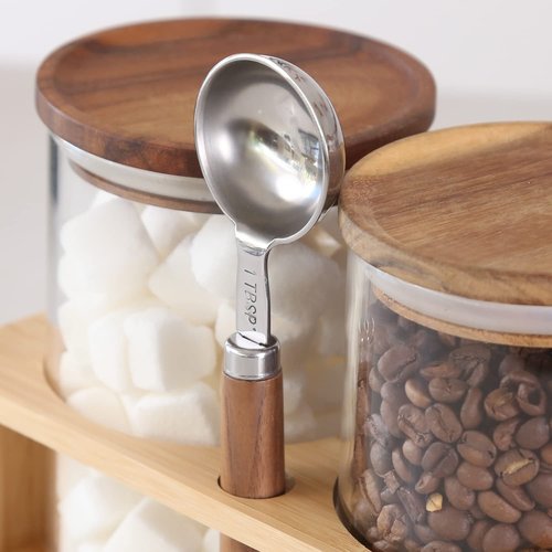 KKC HOME ACCENTS Clear Borosilicate Glass Glass Storage Jars with Airtight Wood Lids,Air Tight Sealed Wooden Top Glass Jars with Spoon for Coffee,Tea,Sugar, 25 OZ (750 ml)