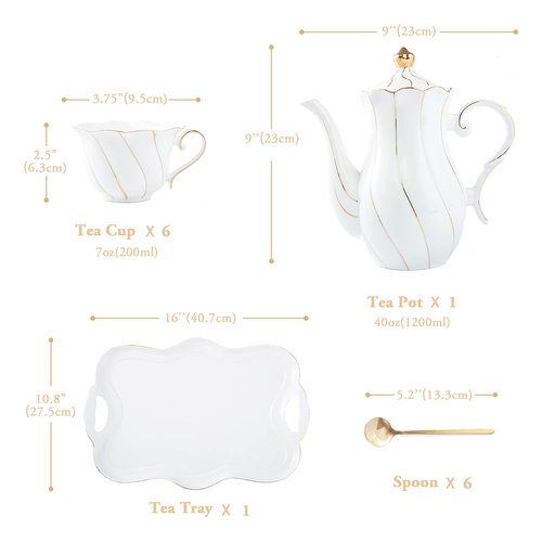 DUJUST 14 pcs Tea Set for 6 with Tea Tray & Spoons, Luxury British Style Coffee Cup Set with Golden Trim, Beautiful Porcelain Set for Living Room Decor, Tea Party Set, Gift Package - White