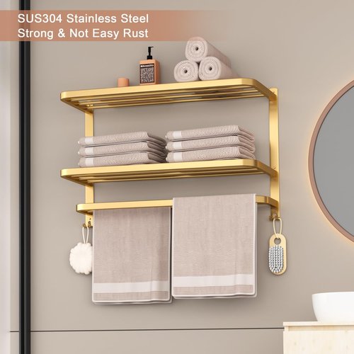 DDS-DUDES 23 Inch 3-Tier Gold Towel Racks for Bathroom with Towel Bars Multilayer Hotel Towel Shelf Stainless Steel Wall-Mounted Brushed Finish Holder with Towel Shelves