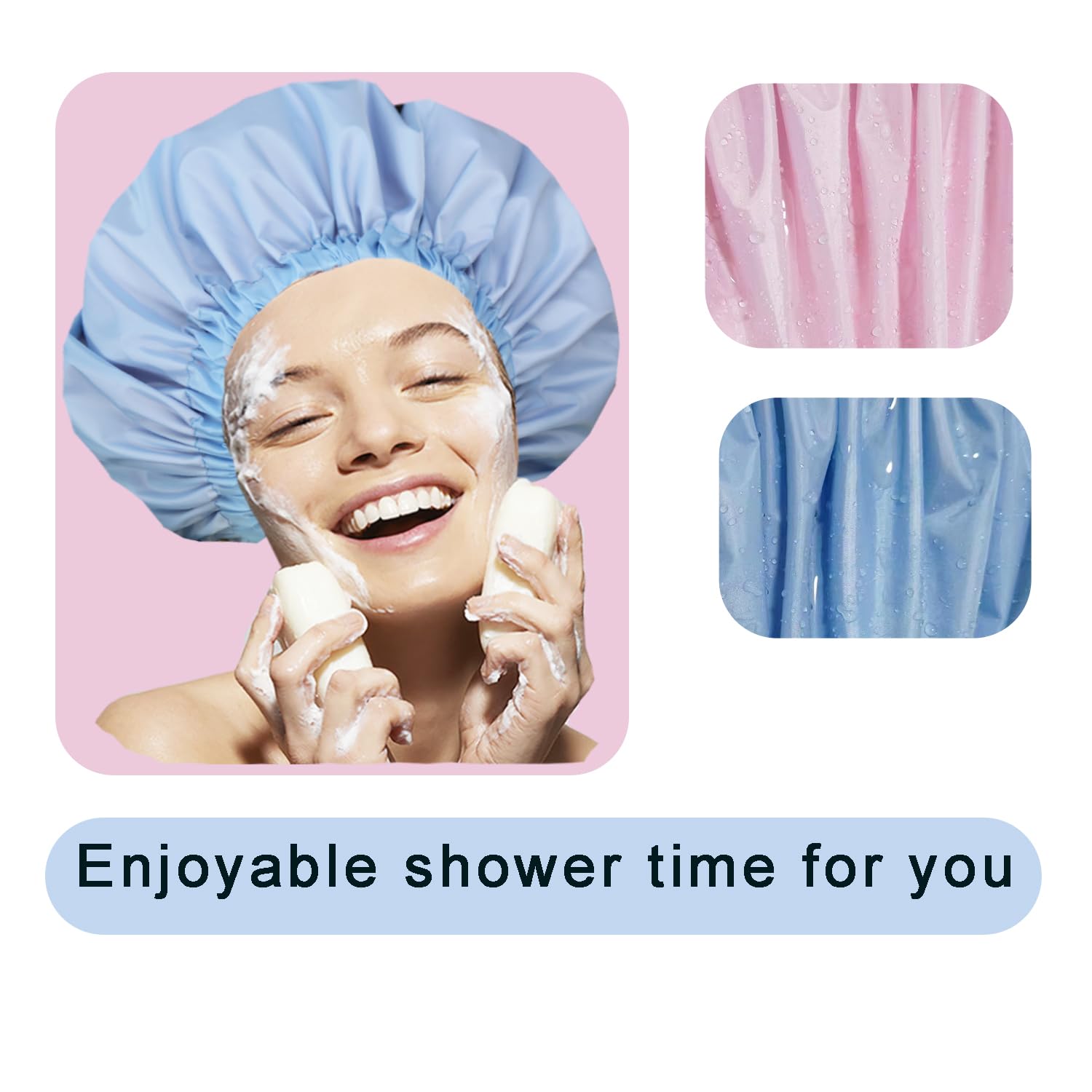 Genergy 2pcs Shower Cap for Women,Including Travel bag and Satin Scrunchy. Frizz-Free Silky Liner, Waterproof Reusable Large Bath Cap for Short and Long Thick Hair, Soft Adjustable Elastic, Non-slip.