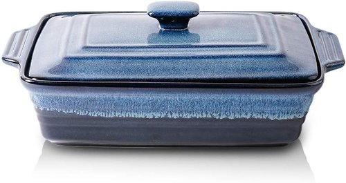 KOOV Ceramic Casserole Dish - Covered Rectangular Lasagna Pan for Cooking | 9 x 13 Inches, Nebula Blue