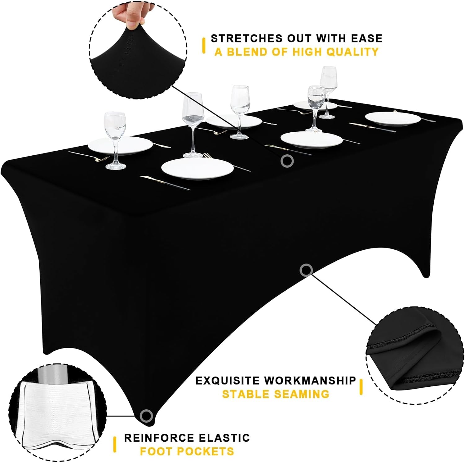 Smiry Spandex Table Cloth - 2 Pack Elastic Fitted Stretch Covers | Washable, Wrinkle-Free, Black (48" L x 24" W x 30" H)