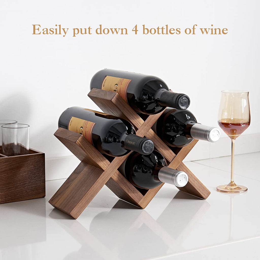 OAKERLAND Walnut Wood Wine Storage Rack Countertop, 4 Bottle Wine Rack Free Standing Wine Storage, Wine Shelf Organizer, Perfect for Home Décor and Wine Gifts, No Need Assembly (Walnut)