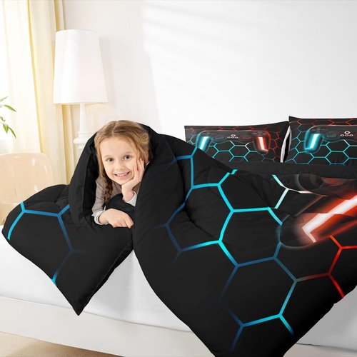 Erosebridal Game Comforter Sets for Boys Gamer Bedding Sets for Boys Queen Lightweight,Teens Modern Gradient Gaming Down Comforter Gamer Home Decor Goemetric Honeycomb Quilted Duvet + 2 Pillowcases