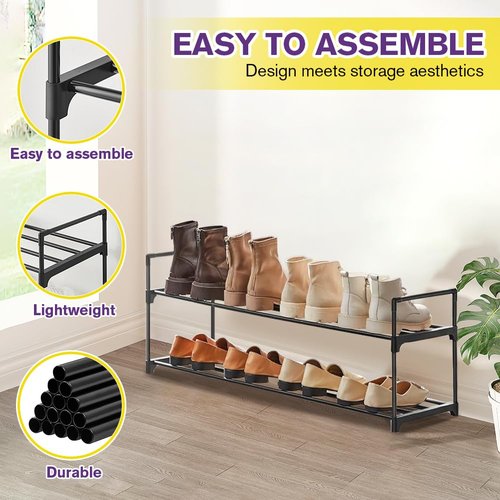 XSBAIHUO Shoe Rack - Metal Shoe Rack Organizer - Stackable Shoe Storage Shelf for Entryway, Closet, Bathroom 30cm(D) x 92cm(W) x 55cm(H) -Black (2-Tier)