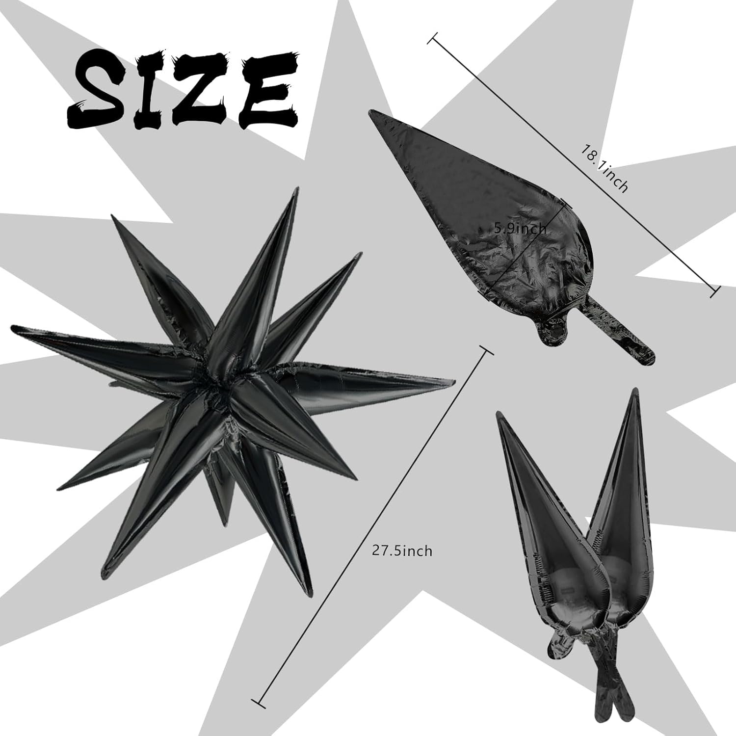 Star Balloons | 60Pcs Black Foil Balloons - 12" Spike Mylar Cone for Halloween & Party Decor