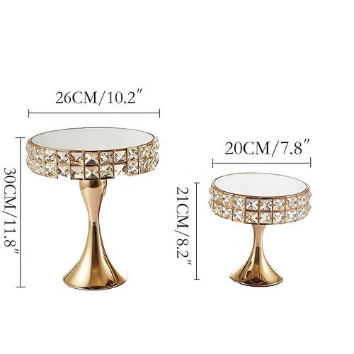 Vidisan 2 Pcs Gold 8/10 Inch Crystal Cake Stand Set Round Cake Stand with Crystal Bling Pendants Dessert Table Display Set for Wedding Event Birthday Party Dessert Table