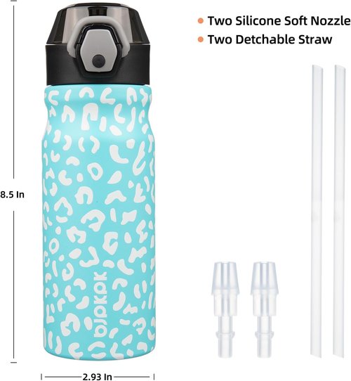 BJPKPK Insulated Water Bottle - 18oz Stainless Steel Flask with Straw & Carry Handle | Sky Blue Leopard