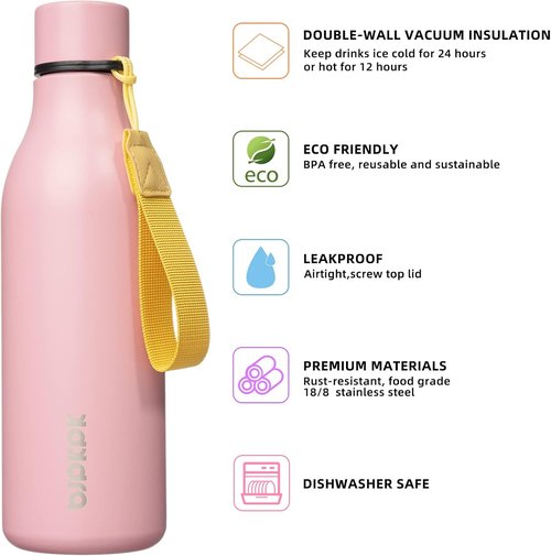 BJPKPK Insulated Water Bottle - 18 oz Stainless Steel, BPA-Free, Leak-Proof Flask for Sports & Travel - Light Pink