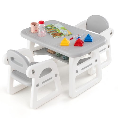 HONEY JOY Kids Table and Chair Set, Plastic Children Activity Table and 2 Chairs w/Building Blocks, Storage, for Art Craft, Toddler Table and Chair Set for Daycare Playroom, Gift for Boys Girls (Gray)