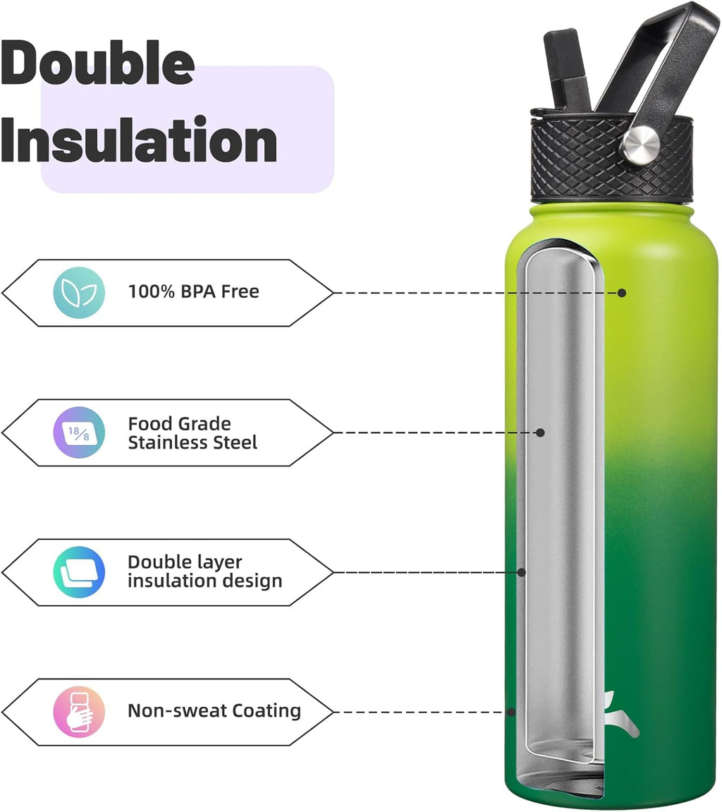 Skiennix 40oz Insulated Stainless Steel Water Bottle - Includes 3 Lids | Bamboo Grove Design