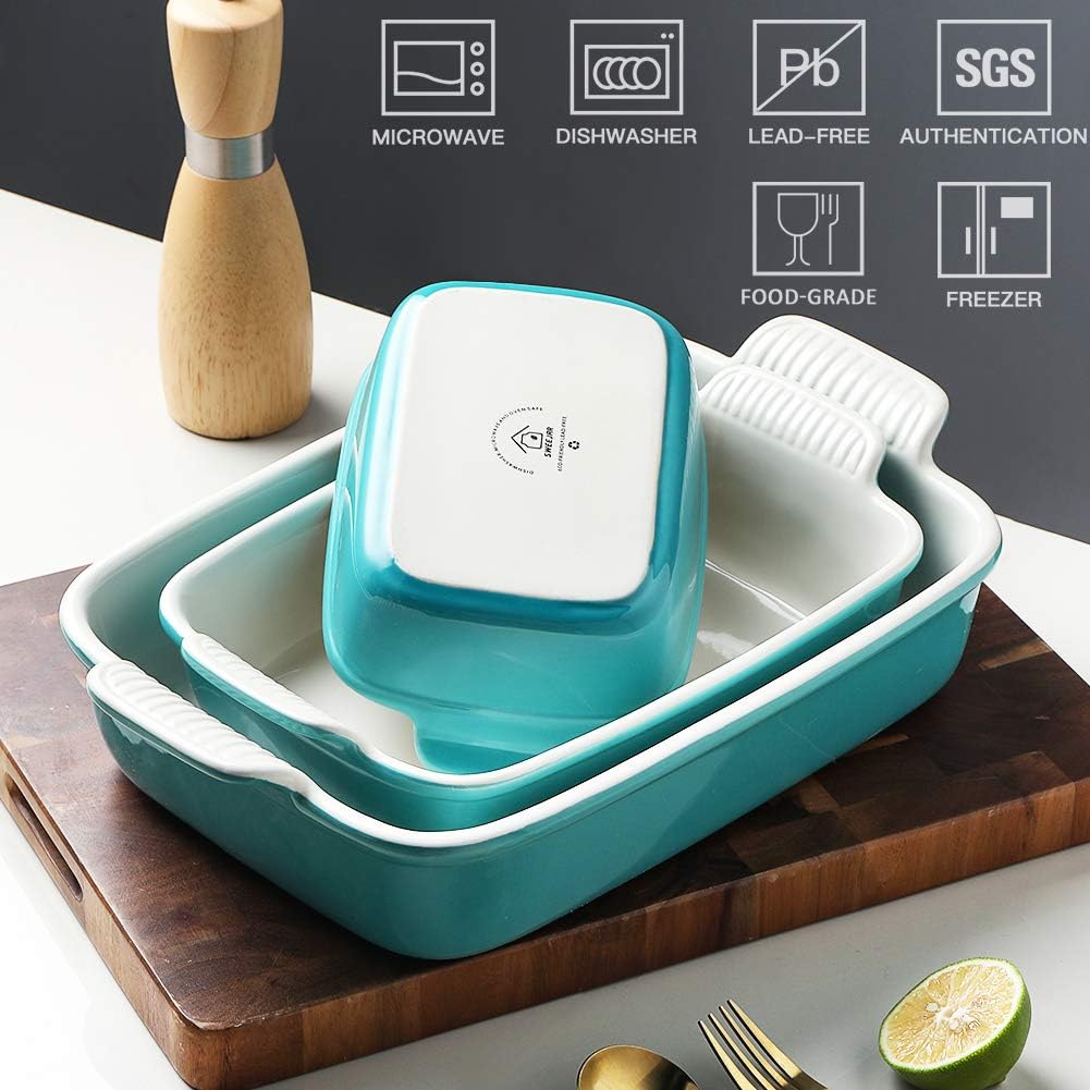 Sweejar Baking Pans Set - Durable Ceramic 9x13 Baking Dish with Handle | 3-Piece Casserole Bakeware Set in Turquoise