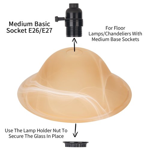 Glass Lamp Shade Replacement for Torchiere Floor Lamps，Lamp Shade for Floor Lamp Compatible with E26 Socket, Standing Lamp Replacement Shade, Alabaster Glass Bowl Shade,E26 Socket Not Include (Amber)