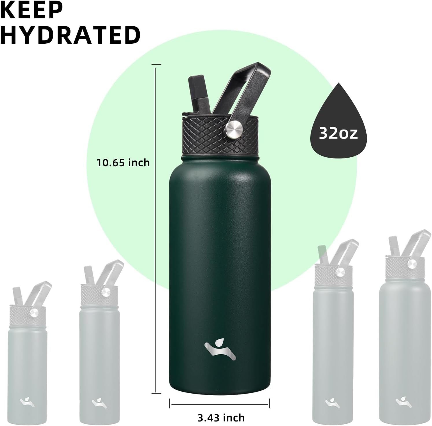 Skiennix 32 oz Insulated Stainless Steel Water Bottle - Durable Sport Bottle with 3 Lids | Army Green