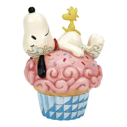 Enesco Peanuts by Jim Shore Collection Snoopy and Woodstock Laying on Cupcake Figurine- Stone Resin Hand Crafted Painted Collectible Peanuts Snoopy Figurines Birthday Home Decor Statue, 5.31 Inch