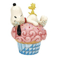 Enesco Peanuts by Jim Shore Collection Snoopy and Woodstock Laying on Cupcake Figurine- Stone Resin Hand Crafted Painted Collectible Peanuts Snoopy Figurines Birthday Home Decor Statue, 5.31 Inch
